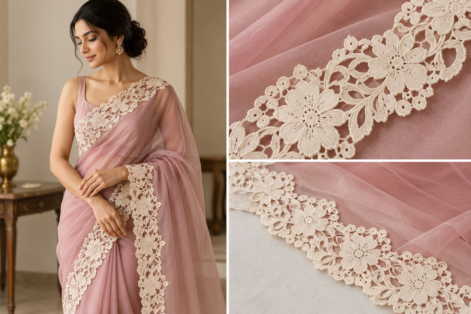 Woman pinning floral lace trim onto pink fabric before sewing